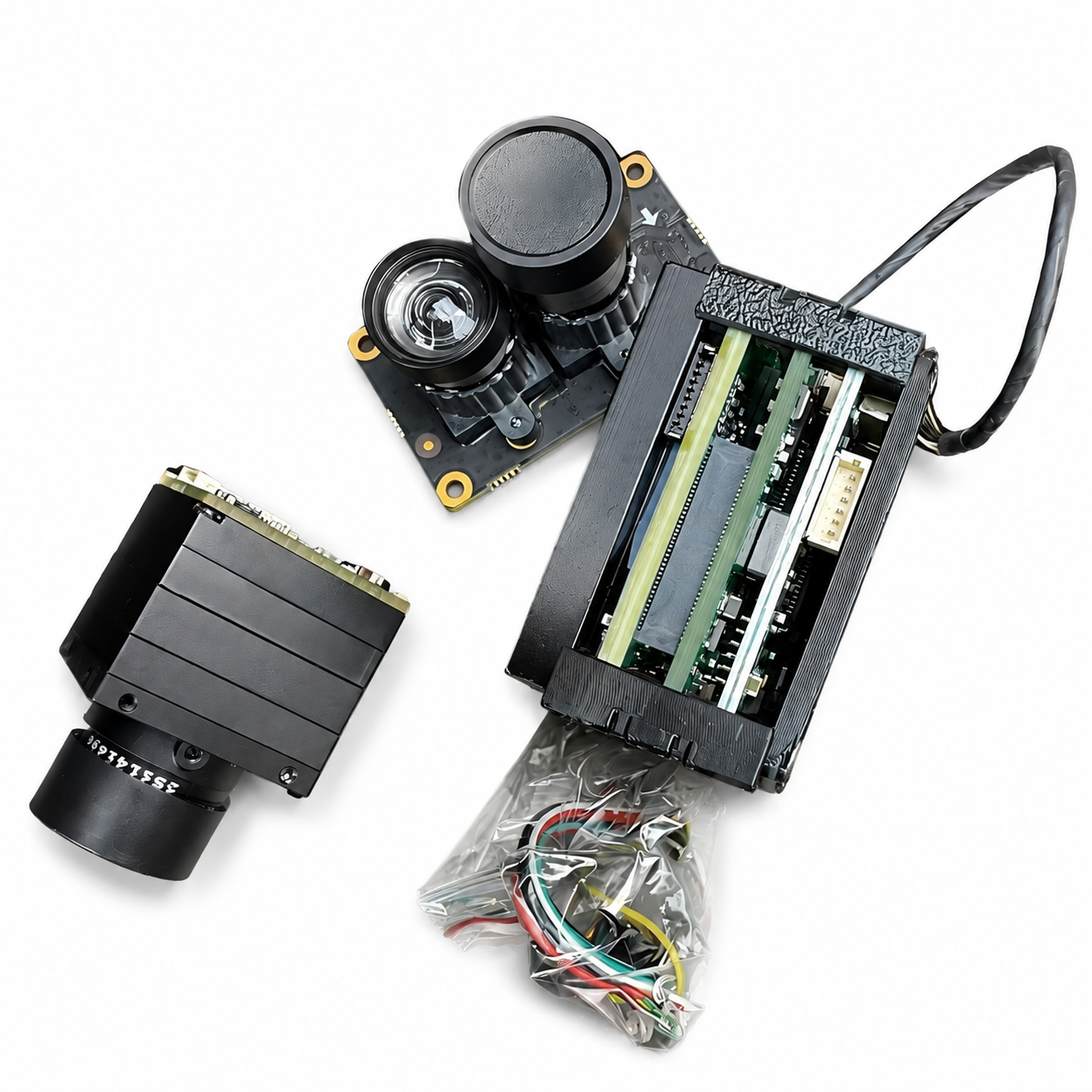AI vision development kit for drones contents — main board, paired sensors, cables and mounting hardware for OEM platforms