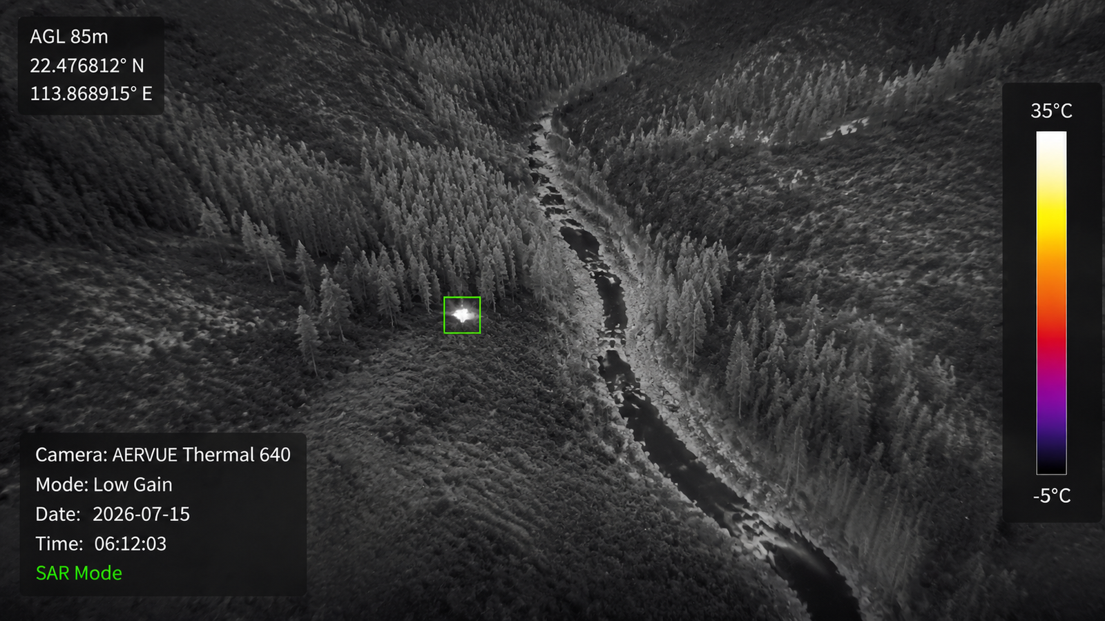 Infrared camera for drones market — search and rescue thermal imaging showing anomaly detection in forested terrain during dawn operation