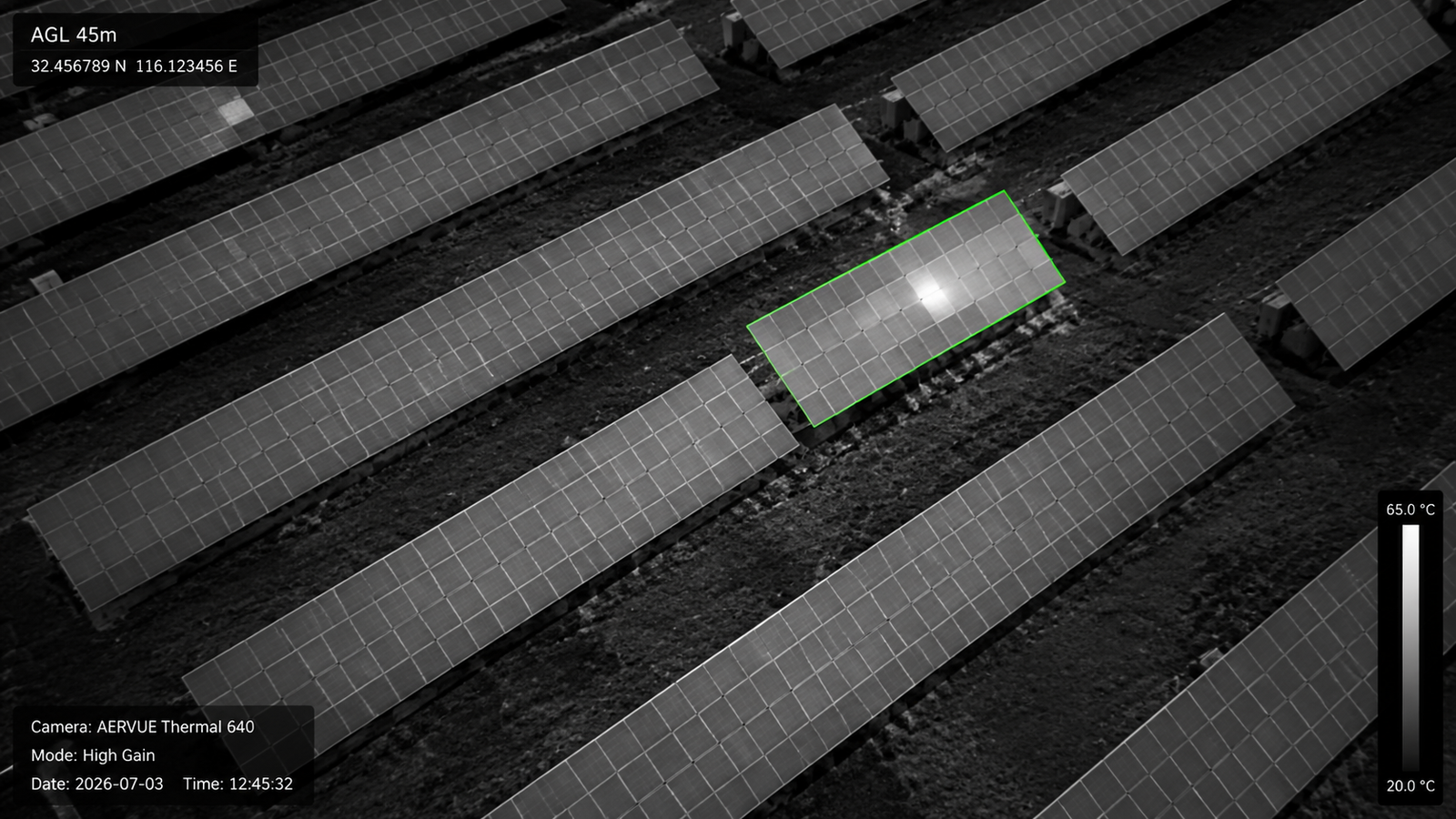 AI vision for BVLOS drones detecting thermal anomaly on solar panel — AERVUE Thermal 640 radiometric module during long-range inspection