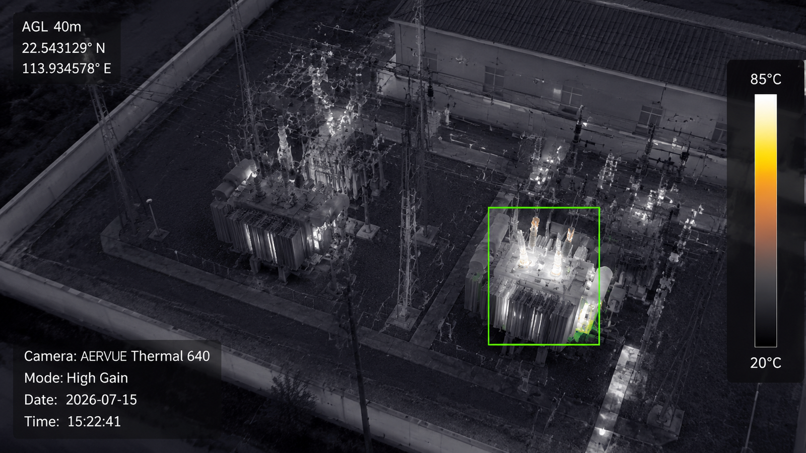 Infrared camera for drones market — thermal imaging inspection of electrical substation showing radiometric hot spot detection