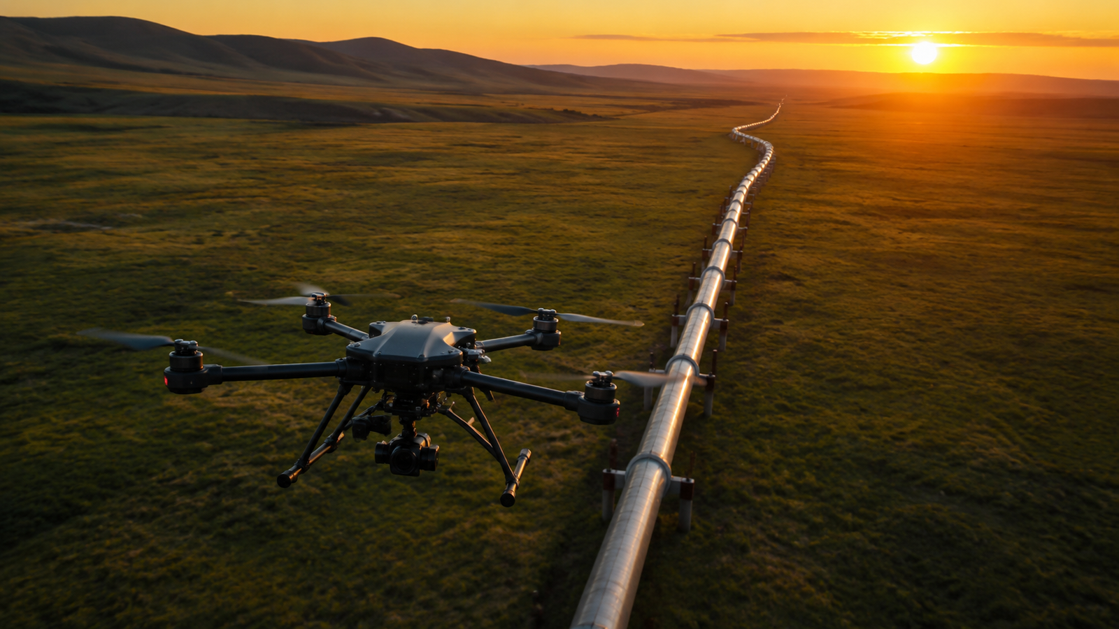 AI vision for BVLOS drones — commercial inspection drone flying over long industrial pipeline at golden hour for beyond visual line of sight operations