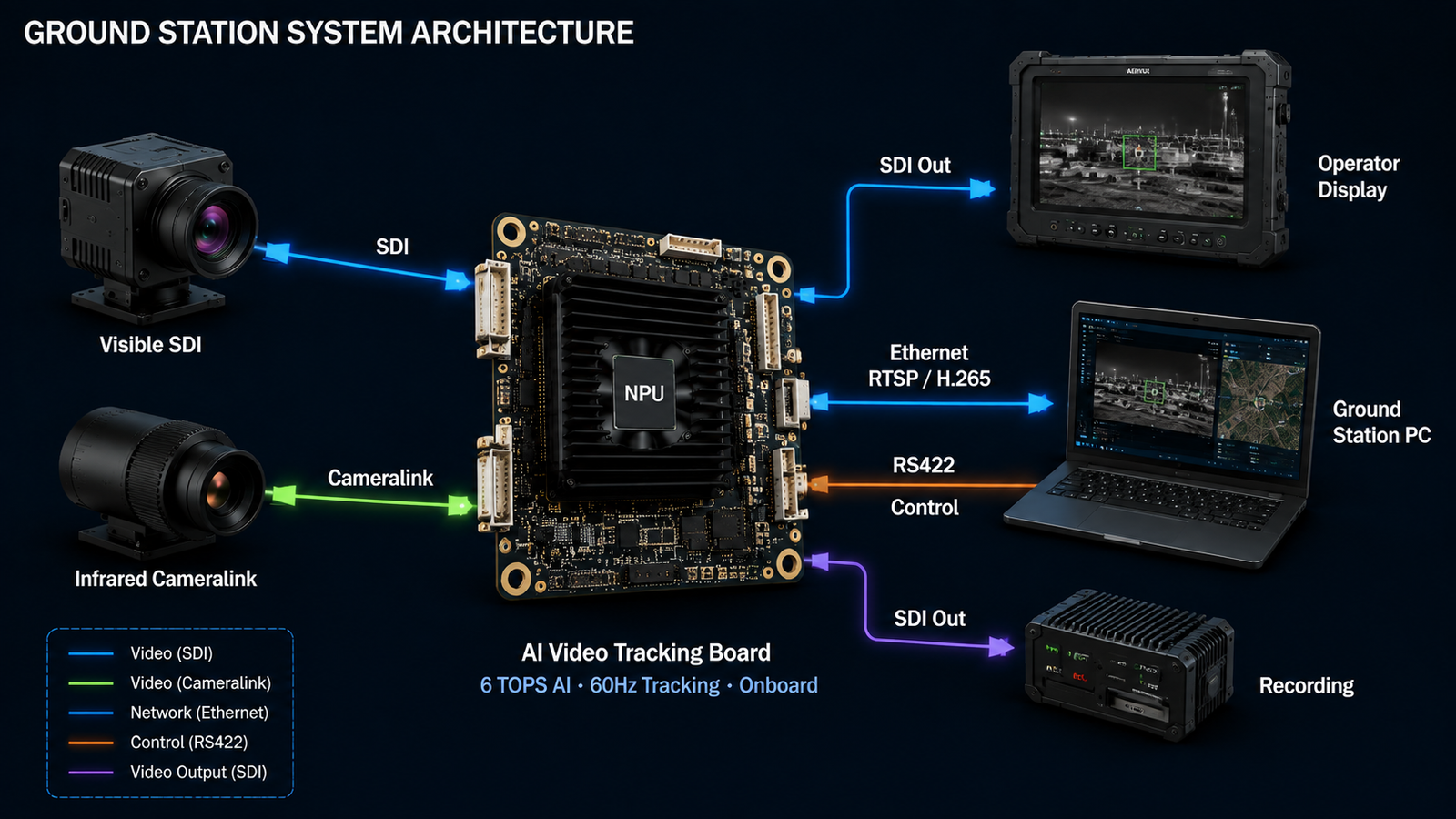 AI video tracking ground station architecture diagram showing SDI and Cameralink camera inputs, tracking board with NPU, and output pathways to operator display, ground station PC, and recording