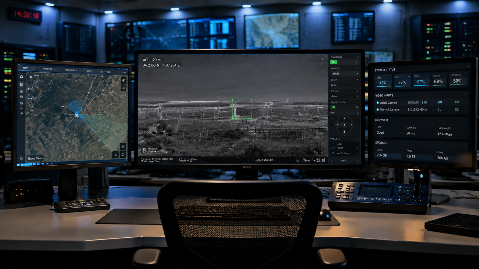 AI video tracking ground station operator console showing real-time tracking feed on primary monitor and system dashboard on secondary displays