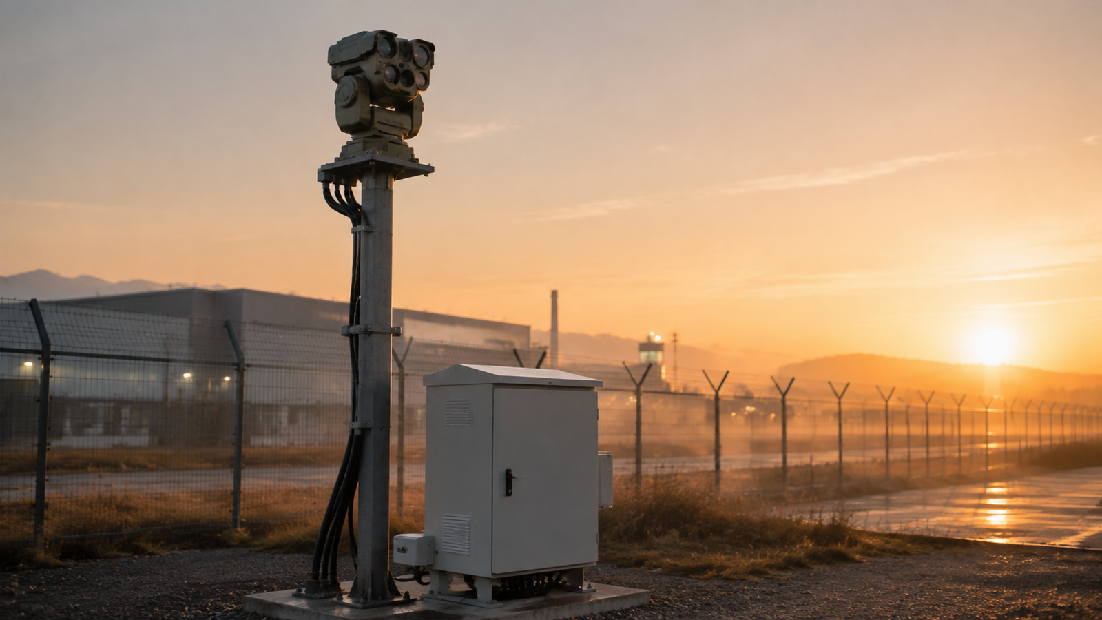 AI video tracking ground station field deployment showing mast-mounted electro-optical turret with visible and infrared cameras on a fixed pole at civilian perimeter surveillance installation