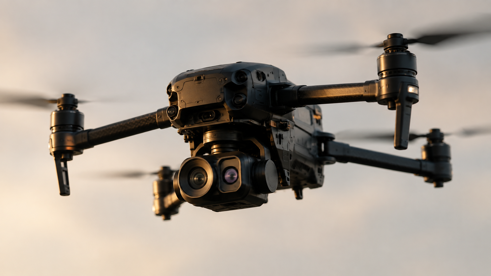 Thermal camera integration drone — commercial multi-rotor UAV with integrated thermal-plus-visible dual-sensor gimbal payload flying at golden hour