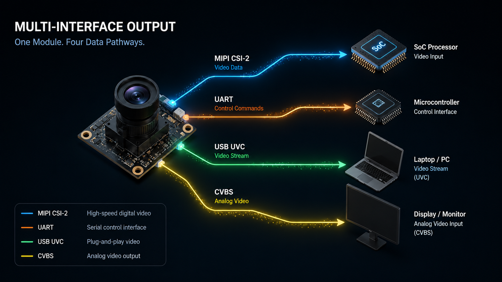 Thermal camera integration drone — four data pathway architecture showing MIPI CSI-2, UART, USB UVC, and CVBS output routes to SoC, microcontroller, laptop, and display