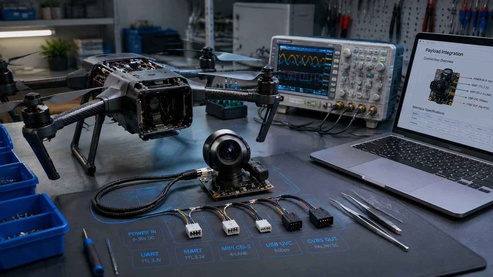 Thermal camera integration drone — engineer workbench showing thermal module with cable harness, oscilloscope waveforms, laptop payload documentation, and multiple interface connectors