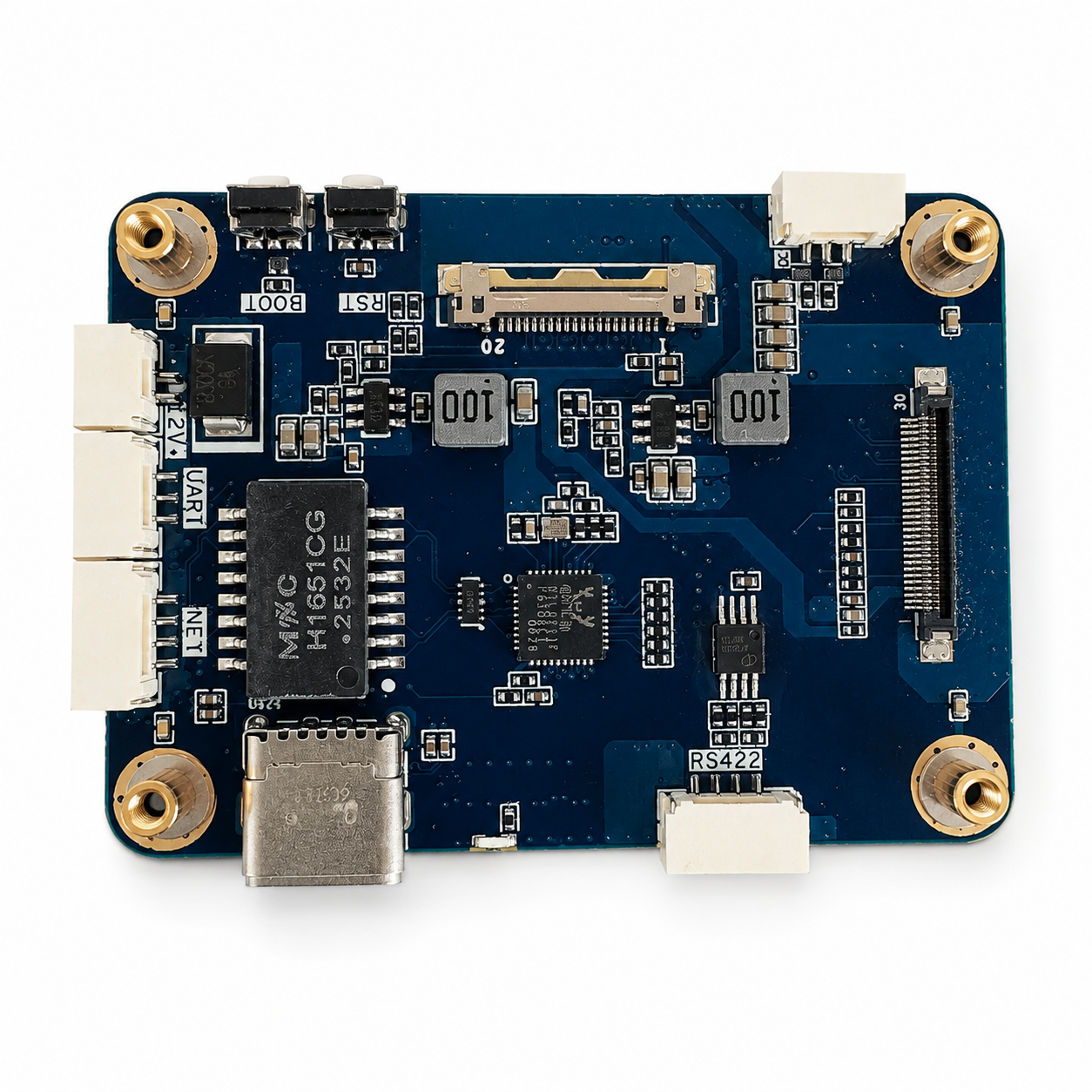 AI video tracking board — AERVUE TracVue Pro compact embedded module showing 12V power, UART, Ethernet, USB-C, and RS422 interfaces for OEM system integration